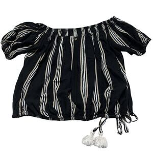 Beachgold Top Womans XSmall Black Brown White Striped Puff Sleeves Tie Crop